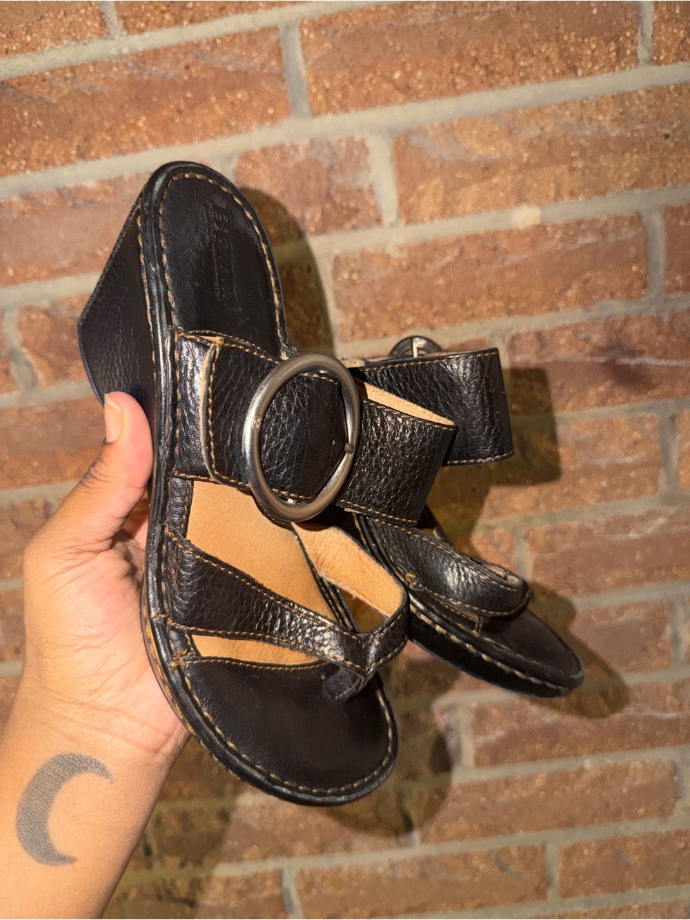 Born Black Leather Buckle Sandals with Tan Footbed